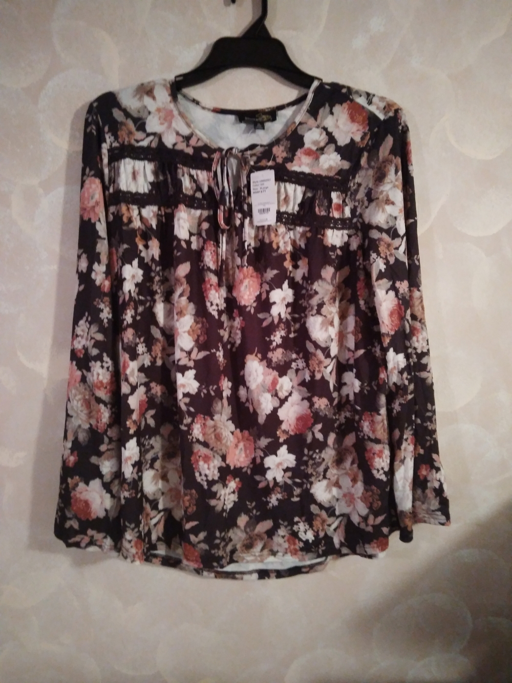 Suzanne Betro Black Floral Long-Sleeve Peasant Top with Pink & Cream Blooms